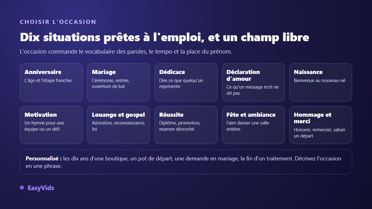Les dix occasions d'une chanson personnalisée par IA : anniversaire, mariage, dédicace, déclaration d'amour, naissance, motivation, louange, réussite, fête et hommage