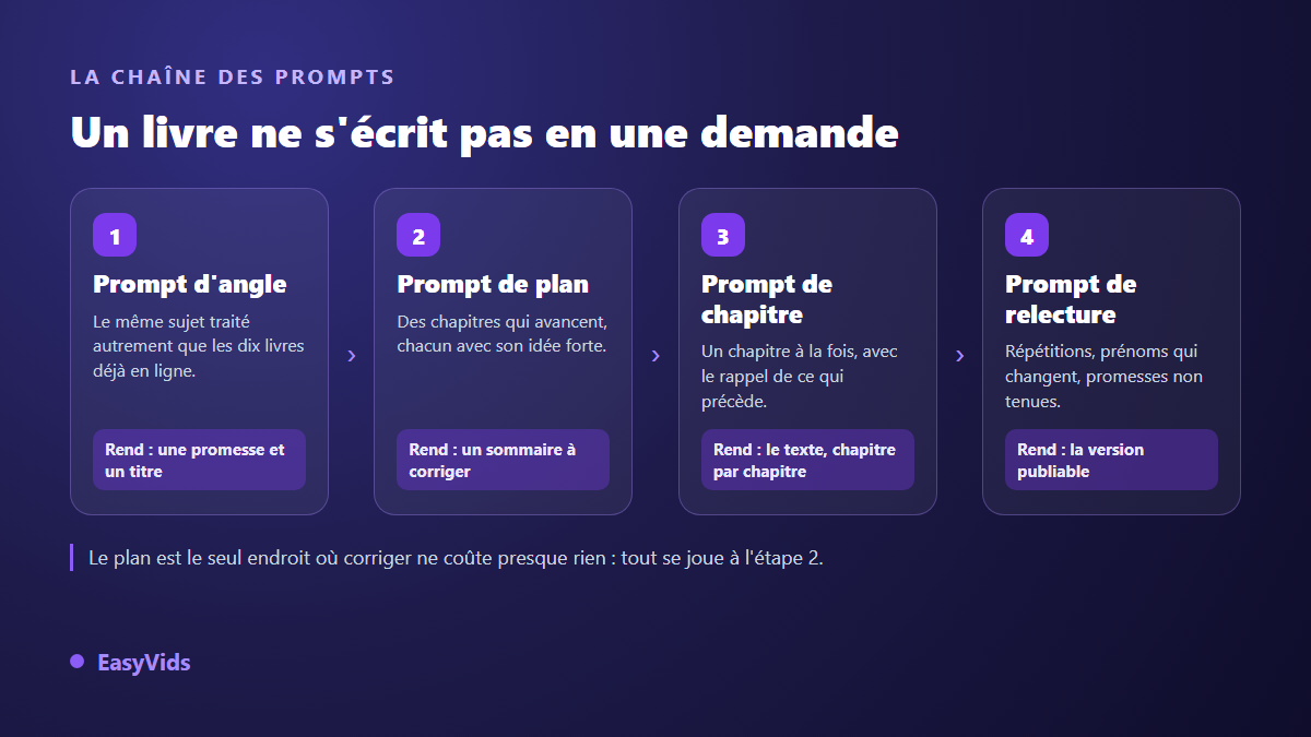 La chaîne des prompts pour écrire un livre : angle, plan, chapitre, relecture