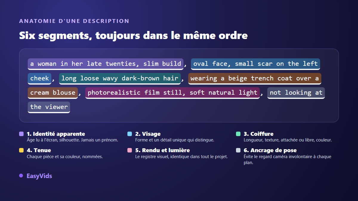 Anatomie d'un prompt de personnage IA : identité apparente, visage, coiffure, tenue, rendu et ancrage de pose surlignés dans une description en anglais