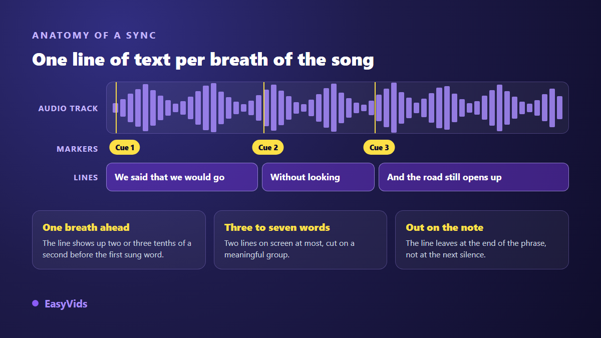 Anatomy of karaoke timing: song waveform, start markers and synced lyric lines on the timeline