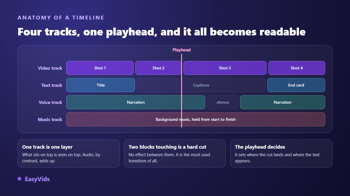 Anatomy of a video editing timeline: video track, text track, voice track, music track and playhead