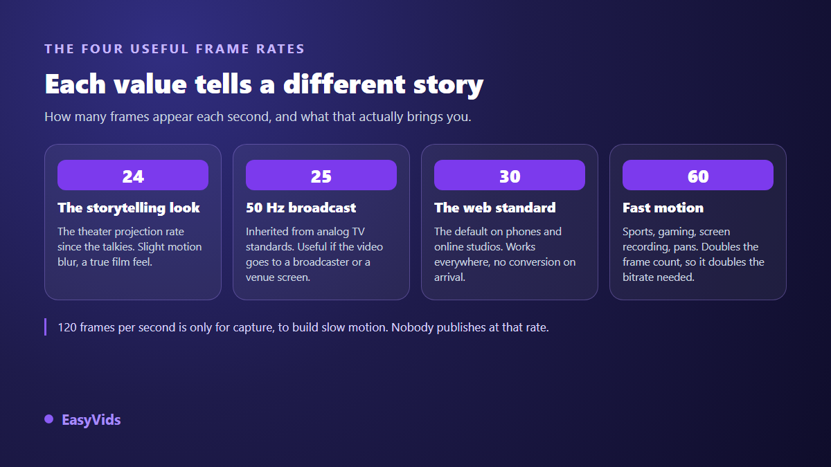 Comparison of 24, 25, 30 and 60 frames per second video frame rates and their uses