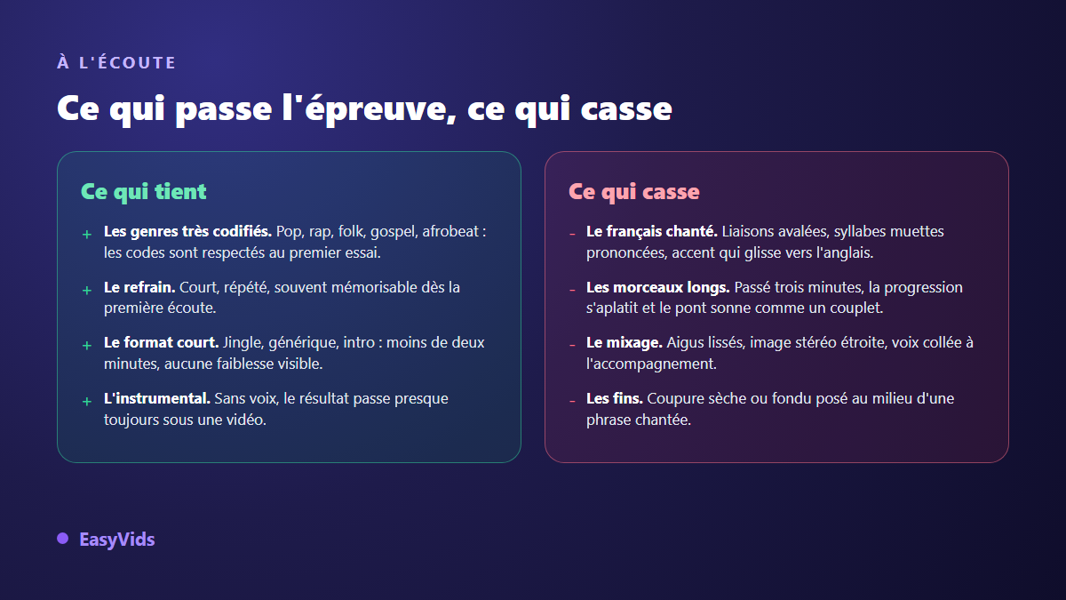 Comparaison des forces et des limites d'une chanson générée par IA : genres codifiés et formats courts contre français chanté et morceaux longs