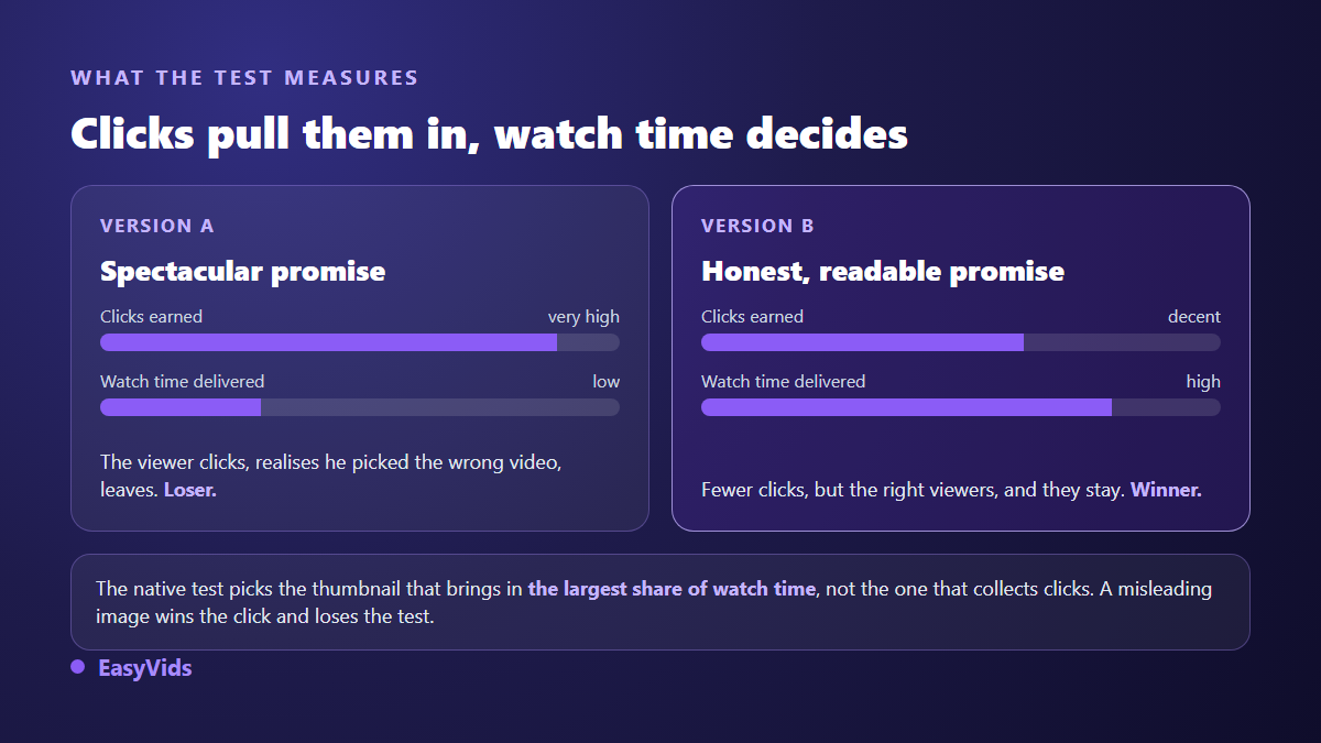 Two YouTube thumbnails compared in an A/B test: the version winning on click-through rate loses on the watch time it brings in