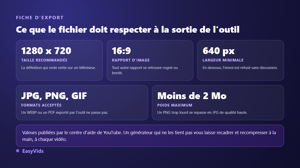 Fiche d'export d'une miniature YouTube : 1280 x 720 pixels, rapport 16:9, largeur minimale, formats acceptés et poids maximum