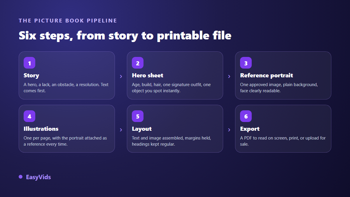 The six steps of building an AI illustrated children's book, from story to exported PDF