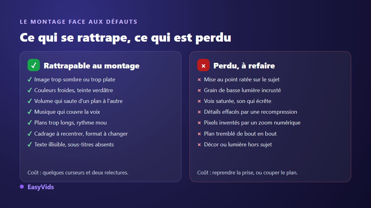 Comparaison entre les défauts vidéo rattrapables au montage et ceux qui obligent à refaire la prise