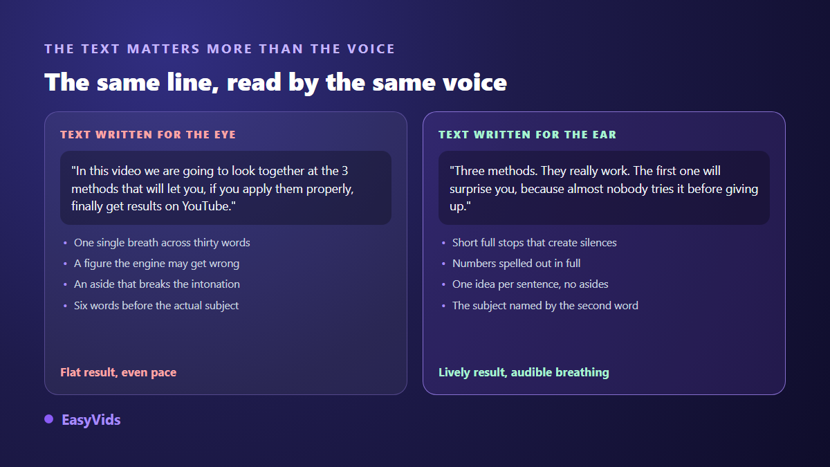 Comparison between a voice over script written for the eye and the same script rewritten for the ear