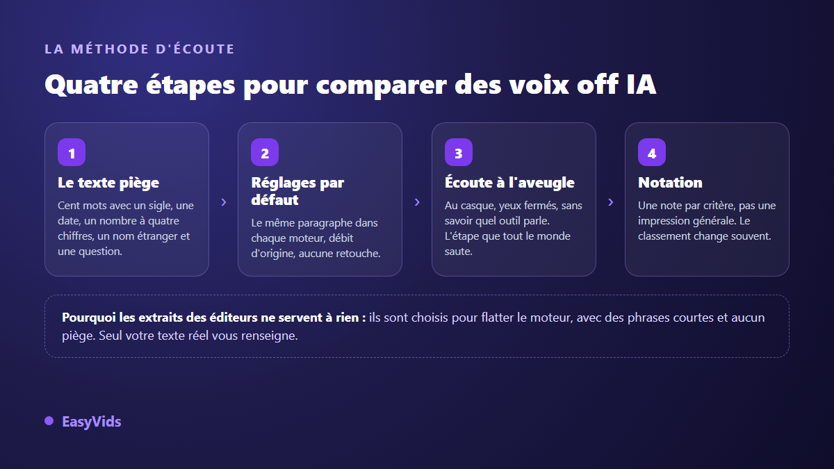 Protocole d'écoute en quatre étapes pour comparer des voix off IA en français : texte piège, même réglage, écoute à l'aveugle, notation