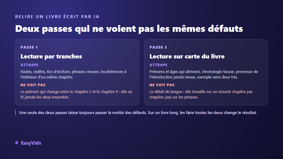 Comparaison des deux relectures d'un livre écrit avec l'IA : lecture par tranches et lecture sur carte du livre