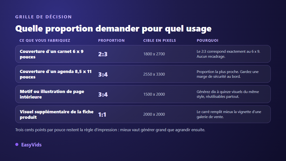 Grille de décision : quel format d'image générer selon le format du carnet et l'usage prévu