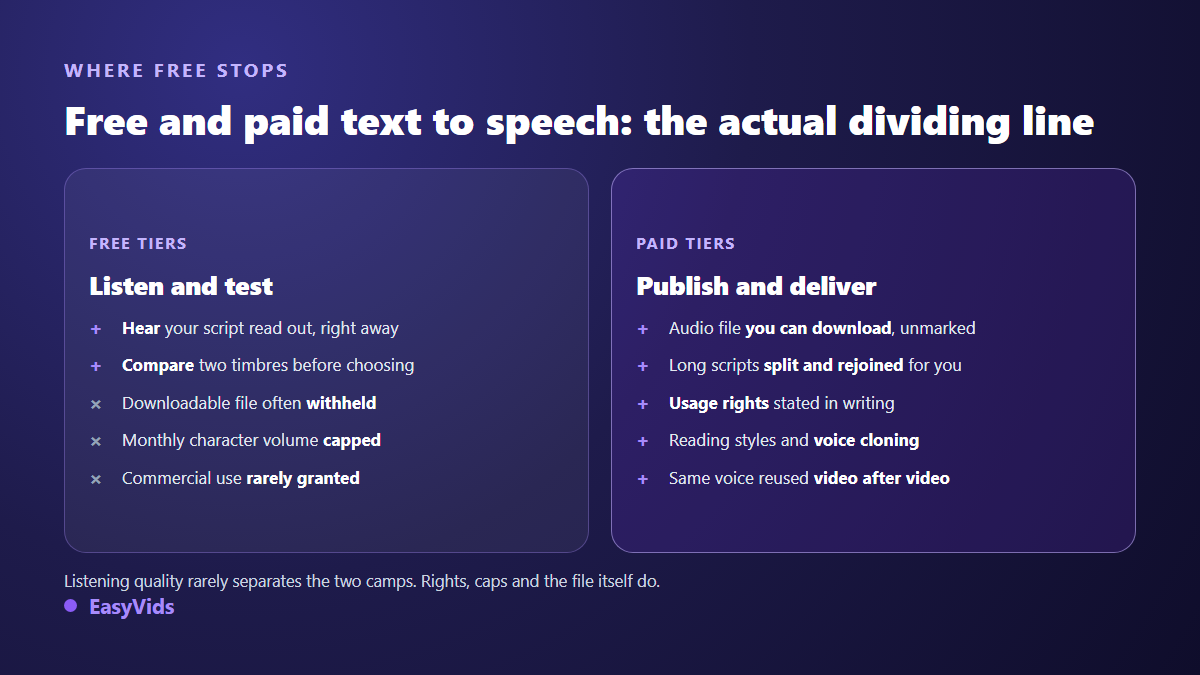 Free versus paid text to speech compared: listening and testing on one side, file download, usage rights and voice cloning on the other