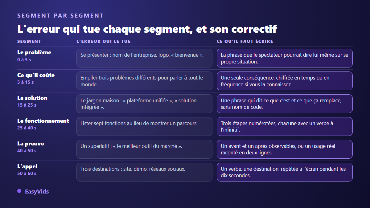 Tableau des six segments d'une vidéo explicative avec l'erreur qui tue chacun et le correctif à écrire