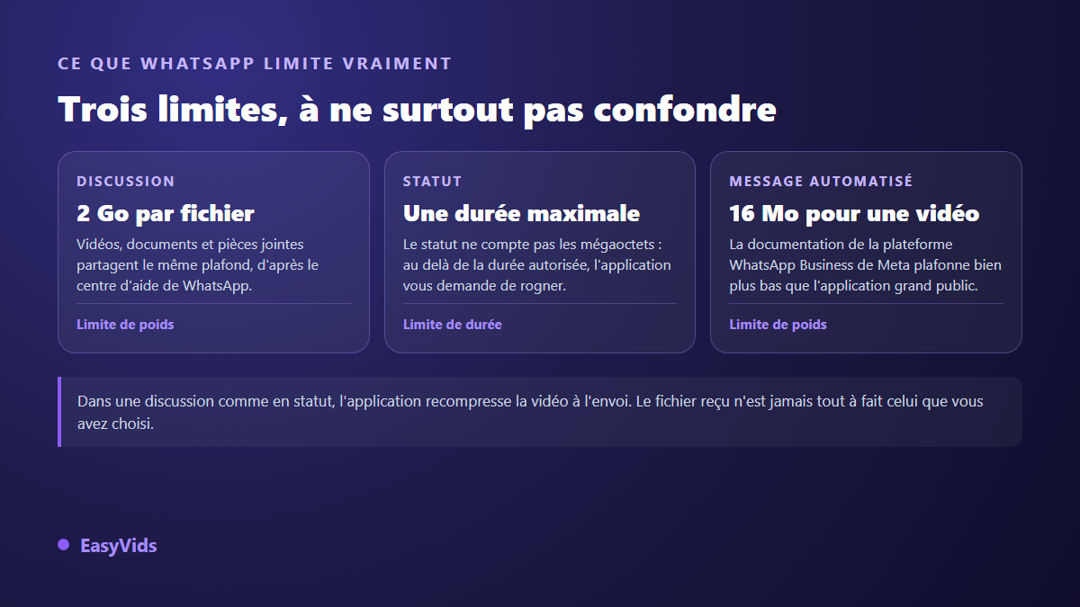 Les trois limites de taille vidéo sur WhatsApp : 2 Go par fichier en discussion, une durée maximale en statut, 16 Mo par vidéo pour les messages automatisés
