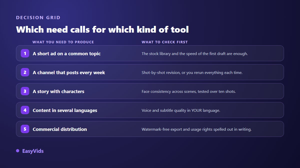 Decision grid for choosing an AI video generator according to the content you produce
