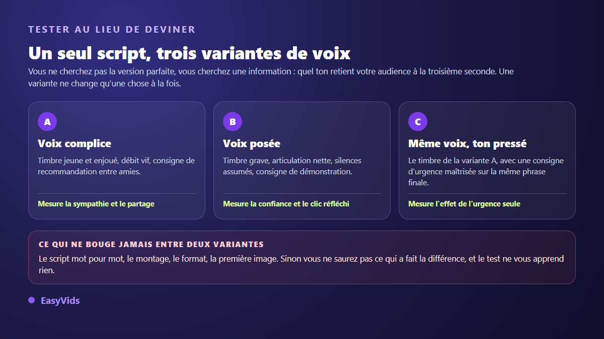 Trois variantes de voix off publicitaire sur un même script et ce que chacune permet de mesurer