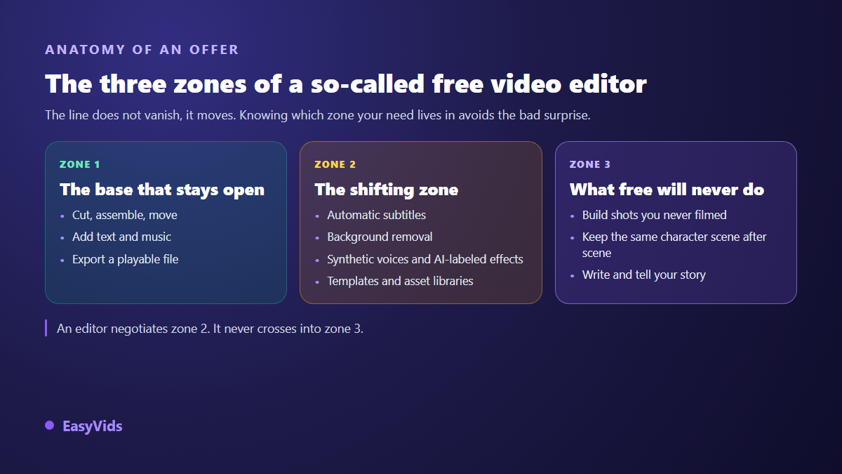 The three zones of a free video editor: the editing base, the shifting zone of AI features, and what free will never do