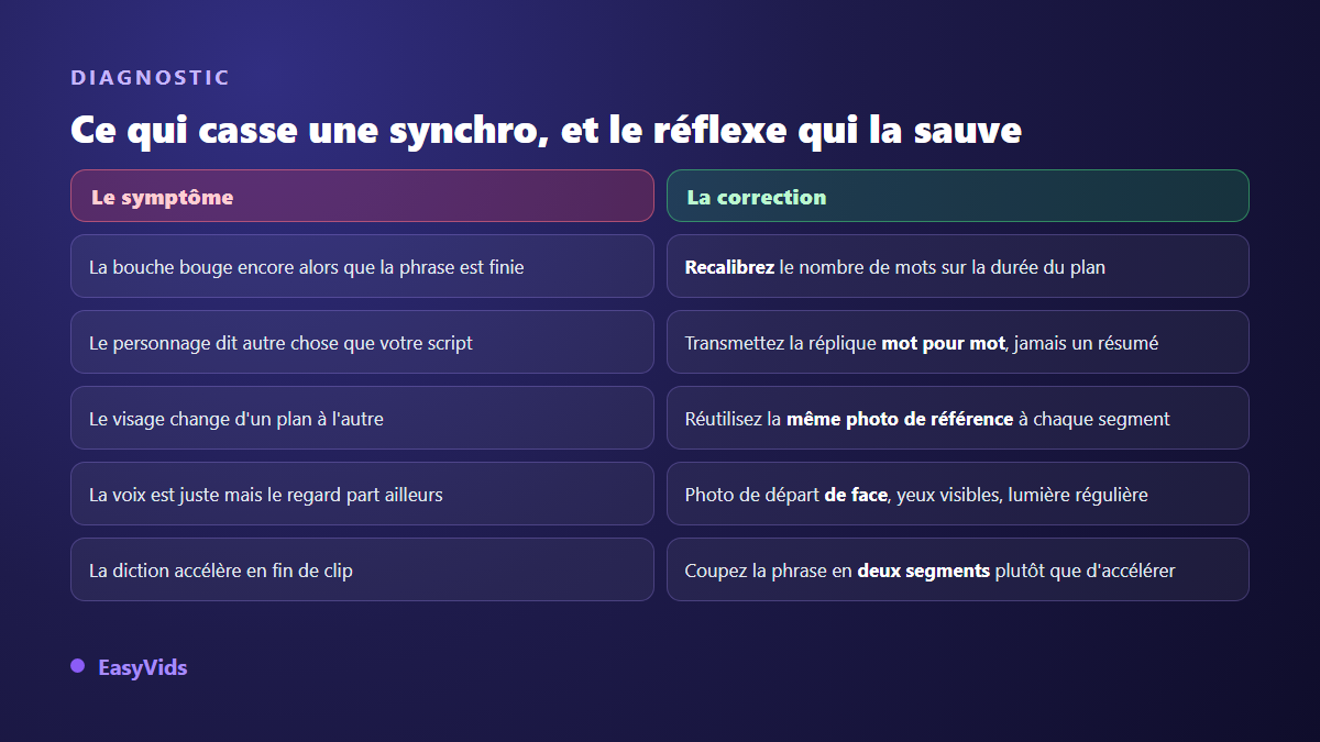 Cinq erreurs de synchronisation labiale IA et leur correction : calibrage des mots, réplique exacte, photo de référence stable
