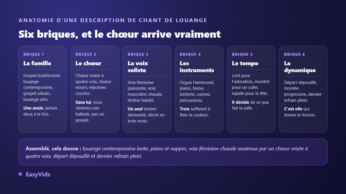 Anatomie d'une description de musique gospel IA en six briques : famille, chœur, voix soliste, instruments, tempo et dynamique