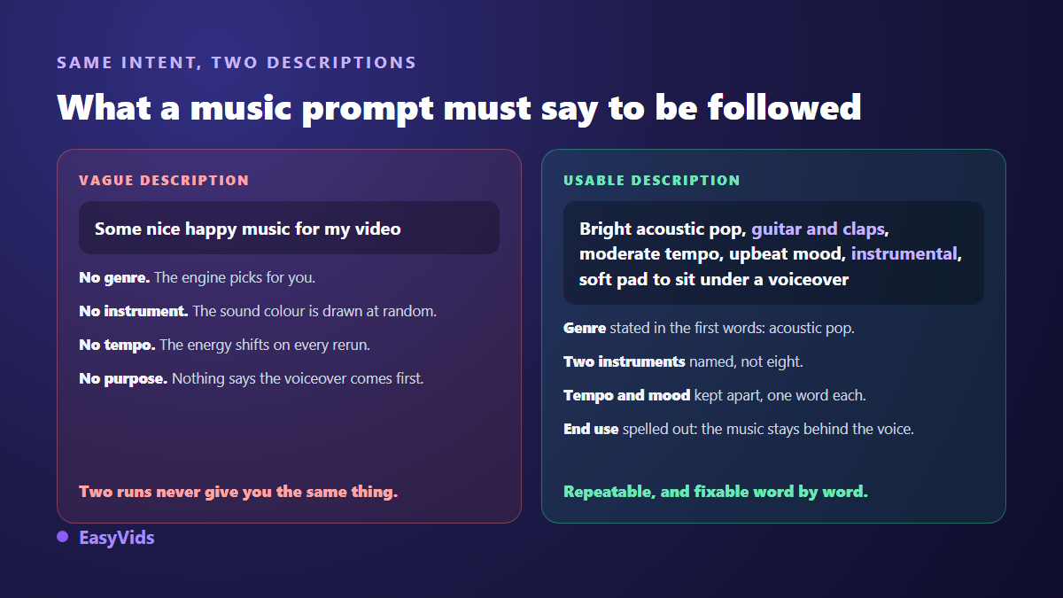 A vague AI music prompt compared with a structured prompt carrying genre, instruments, tempo, mood and use case