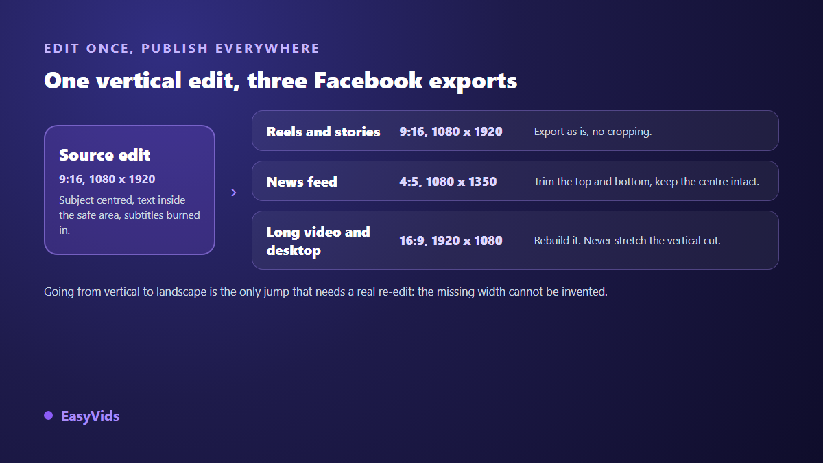Repurposing a 1080 x 1920 vertical edit into Facebook formats: 9:16 for Reels, 4:5 for the feed, 16:9 for desktop