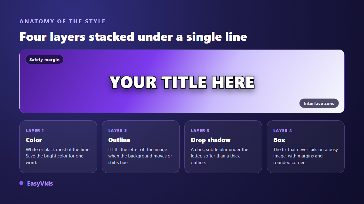 Anatomy of a readable video text style: colour, outline, drop shadow and background behind the line