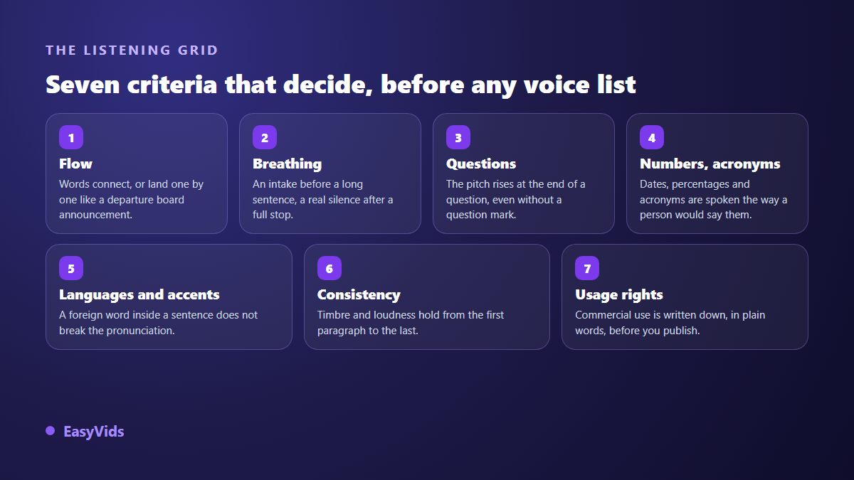 Listening grid for an AI voice over: flow, breathing, question intonation, numbers and acronyms, languages, consistency and usage rights