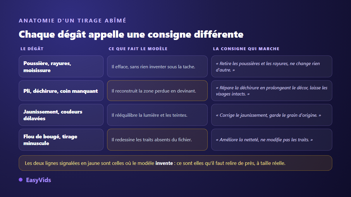 Tableau des dégâts d'une photo ancienne et de la consigne de restauration IA correspondante