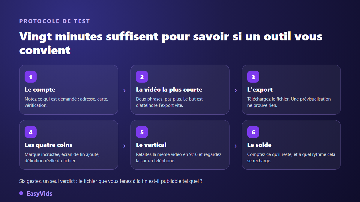 Protocole en six étapes pour tester un générateur vidéo IA gratuit : compte, vidéo courte, export, vérification, format vertical, solde restant