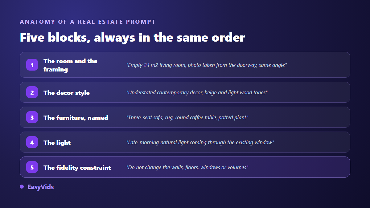 Anatomy of a virtual staging prompt in five blocks: room and framing, decoration style, furniture, lighting, fidelity constraint