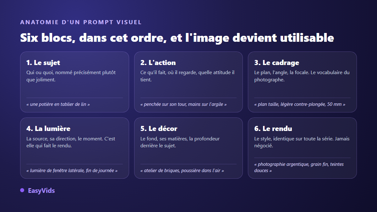 Les six blocs d'un prompt pour générateur d'images IA : sujet, action, cadrage, lumière, décor et rendu