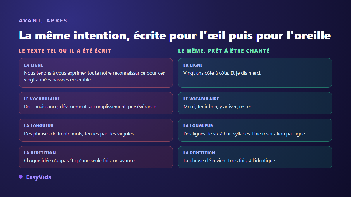 Avant et après : la même phrase écrite pour la lecture, puis réécrite pour être chantée, avec la longueur et le vocabulaire ajustés
