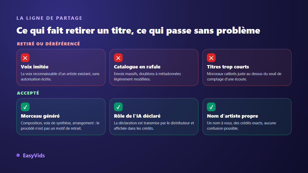 Comparaison entre les pratiques qui font retirer une musique IA de Spotify et celles qui passent sans problème