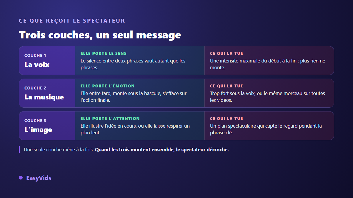 Les trois couches d'une vidéo de motivation, voix musique et image, avec le rôle de chacune