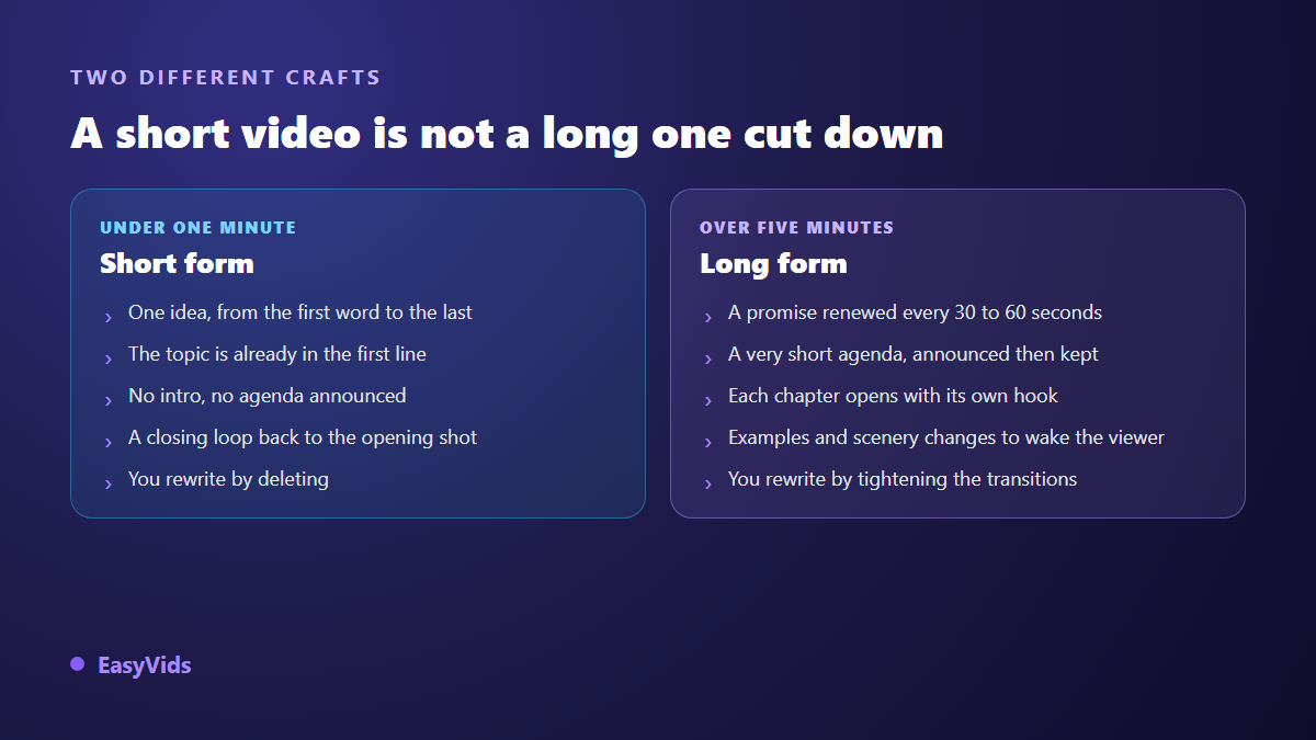 Comparison of short form and long form video script writing, with the rules specific to each
