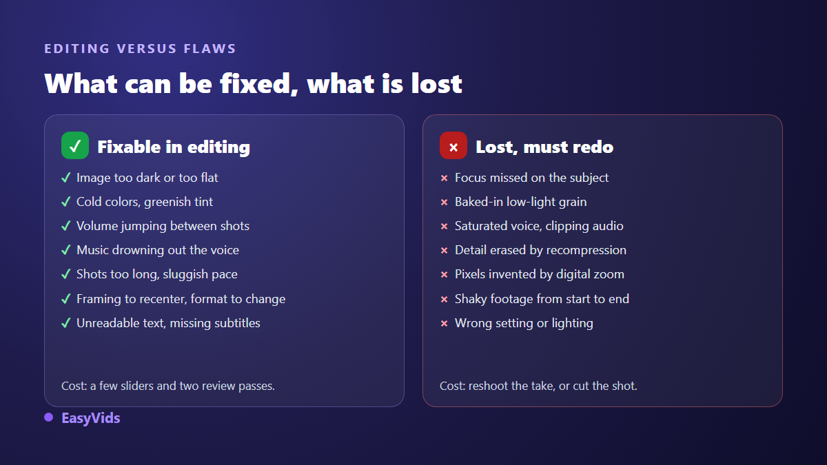 Comparison between video flaws that can be fixed in editing and those that require a new take