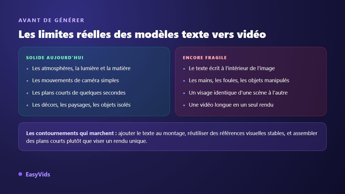 Ce que les modèles texte vers vidéo réussissent et ce qui reste fragile, avec les contournements à appliquer au montage
