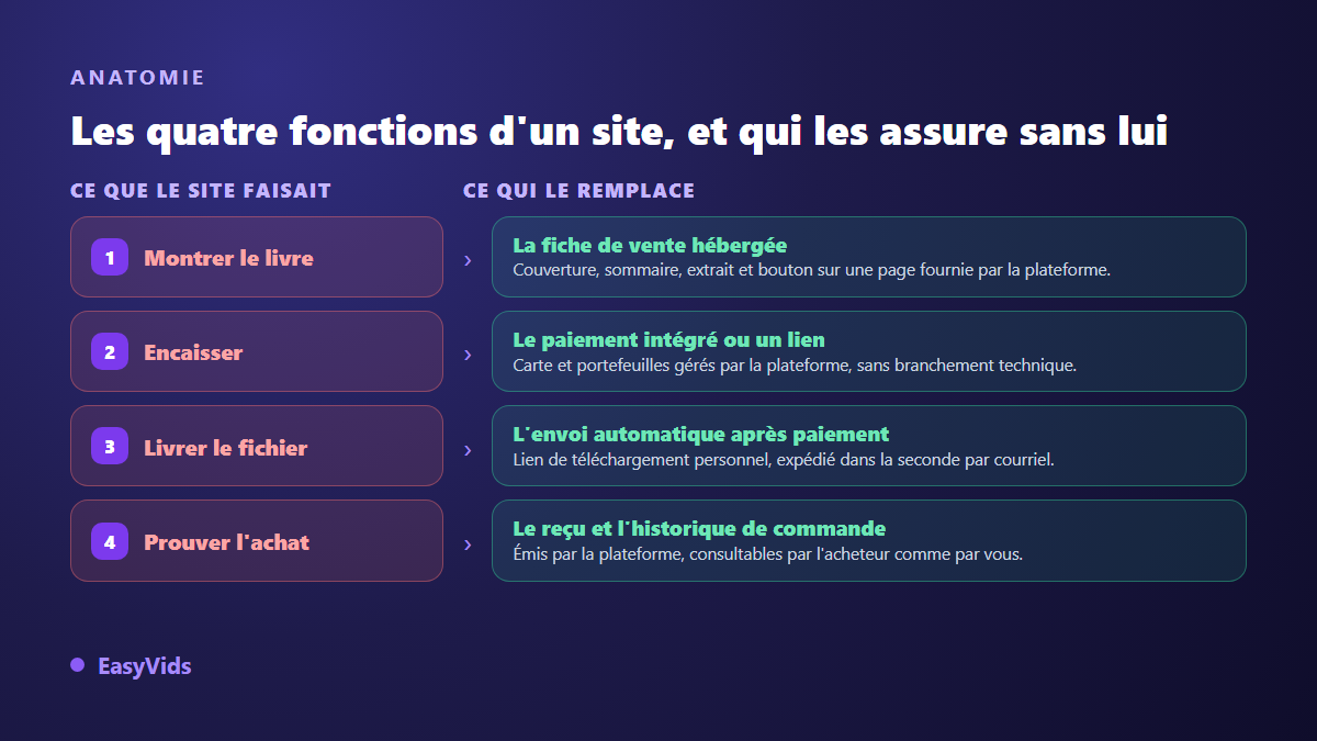 Les quatre fonctions d'un site marchand pour vendre un ebook et ce qui les remplace sans site : fiche hébergée, paiement intégré, envoi automatique, reçu