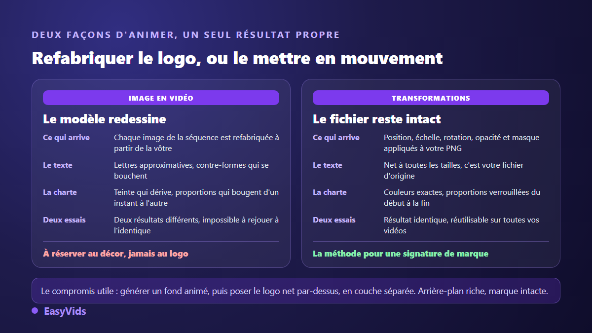 Deux façons d'animer un logo comparées : la génération vidéo à partir de l'image contre les transformations appliquées au fichier d'origine