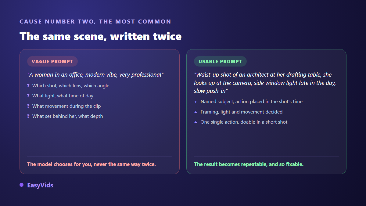 A vague AI video prompt compared with a precise one for the same scene