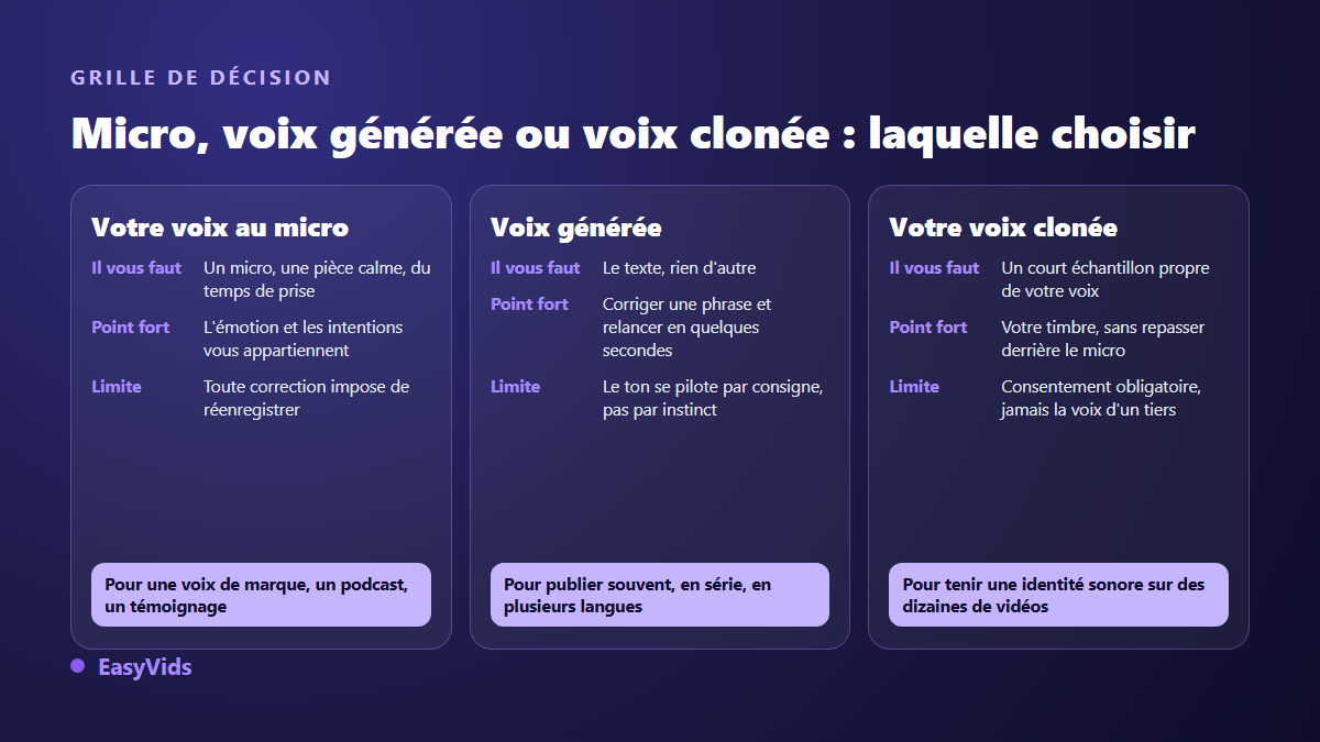 Grille de décision entre enregistrer une voix off au micro, générer une voix IA ou cloner sa propre voix