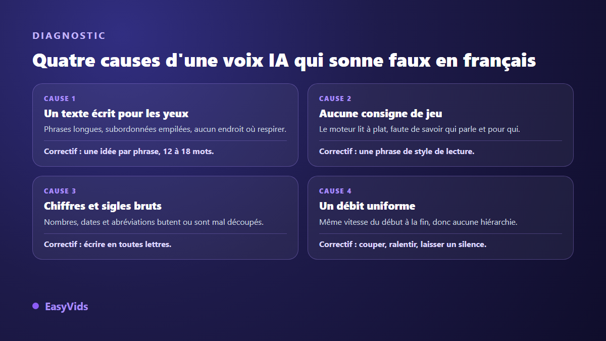 Les quatre causes d'une voix off IA qui sonne faux en français et le correctif associé à chacune