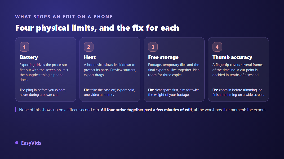 The four limits of editing video on a phone, battery, heat, free storage and thumb accuracy, with the fix for each one