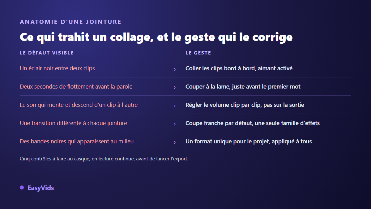 Comparaison des défauts visibles à la jointure de deux clips vidéo et des gestes de montage qui les corrigent