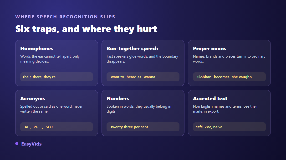 Six traps for subtitle accuracy: homophones, run together speech, proper nouns, acronyms, numbers and accented text