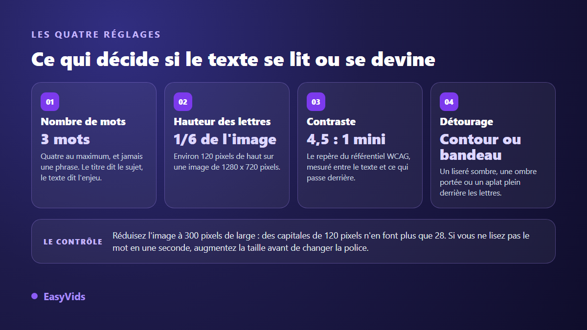 Les quatre réglages du texte d'une miniature : nombre de mots, hauteur des lettres, rapport de contraste et détourage
