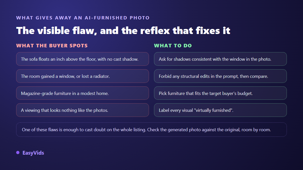 Typical flaws of an AI staged property photo and the matching habit that corrects each one