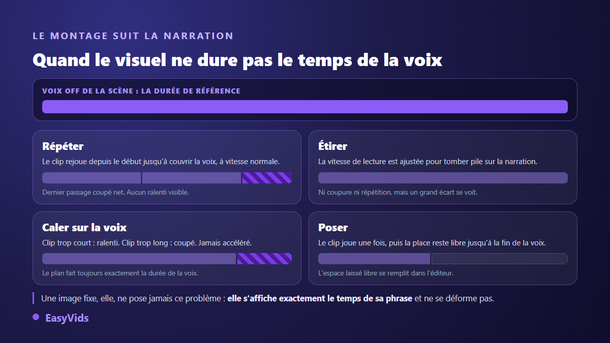 Quatre façons de caler un visuel sur la voix off d'une scène : répéter, étirer, caler sur la voix, poser une seule fois