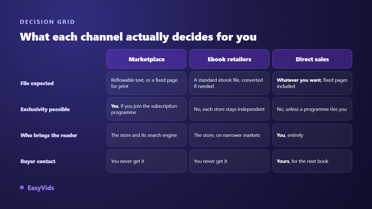 Decision grid between marketplace, ebook retailers and direct sales for publishing a book