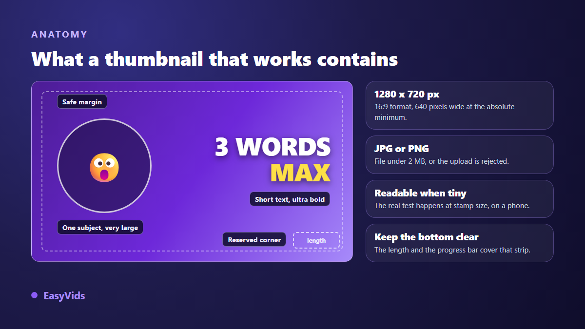 Anatomy of an effective YouTube thumbnail: 1280 by 720 size, one tight framed subject, short text and the zones reserved by the interface